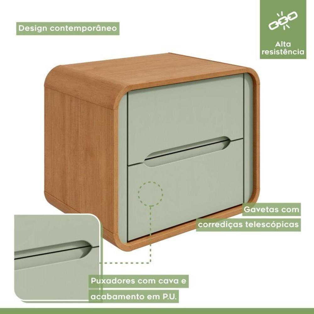 Quarto Infantil com 2 Camas Solteiro Loop Tecido Boucle e Mesa de Cabeceira 2 Gavetas Loop Amendoa Clean/Salvia