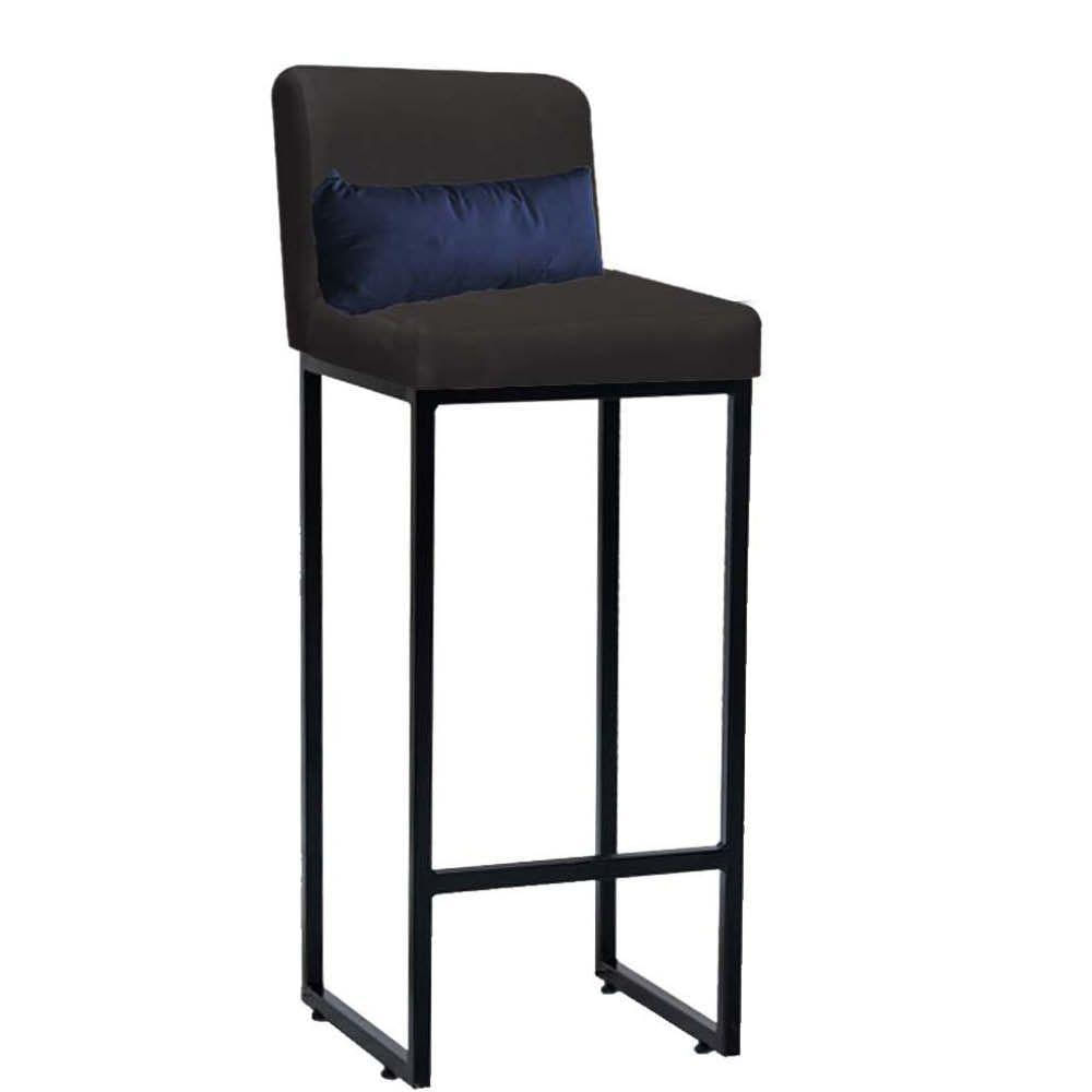 Miniatura Banqueta Alta Com Encosto Industrial Ferro Preto Corino Cinza E Almofada Azul Marinho - Amey Decor