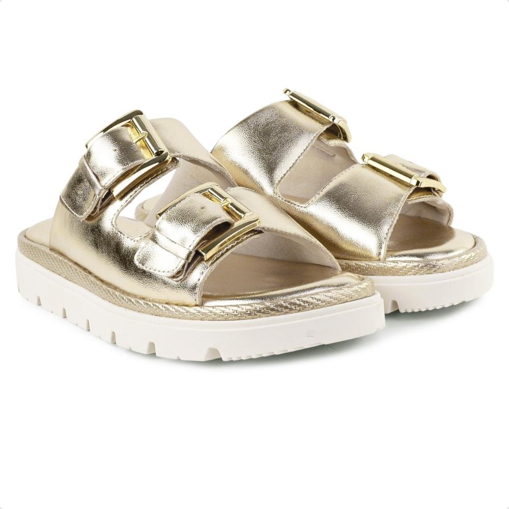 Sandália Comfortflex Slide Com Fivela Dupla Feminina Dourado - 34