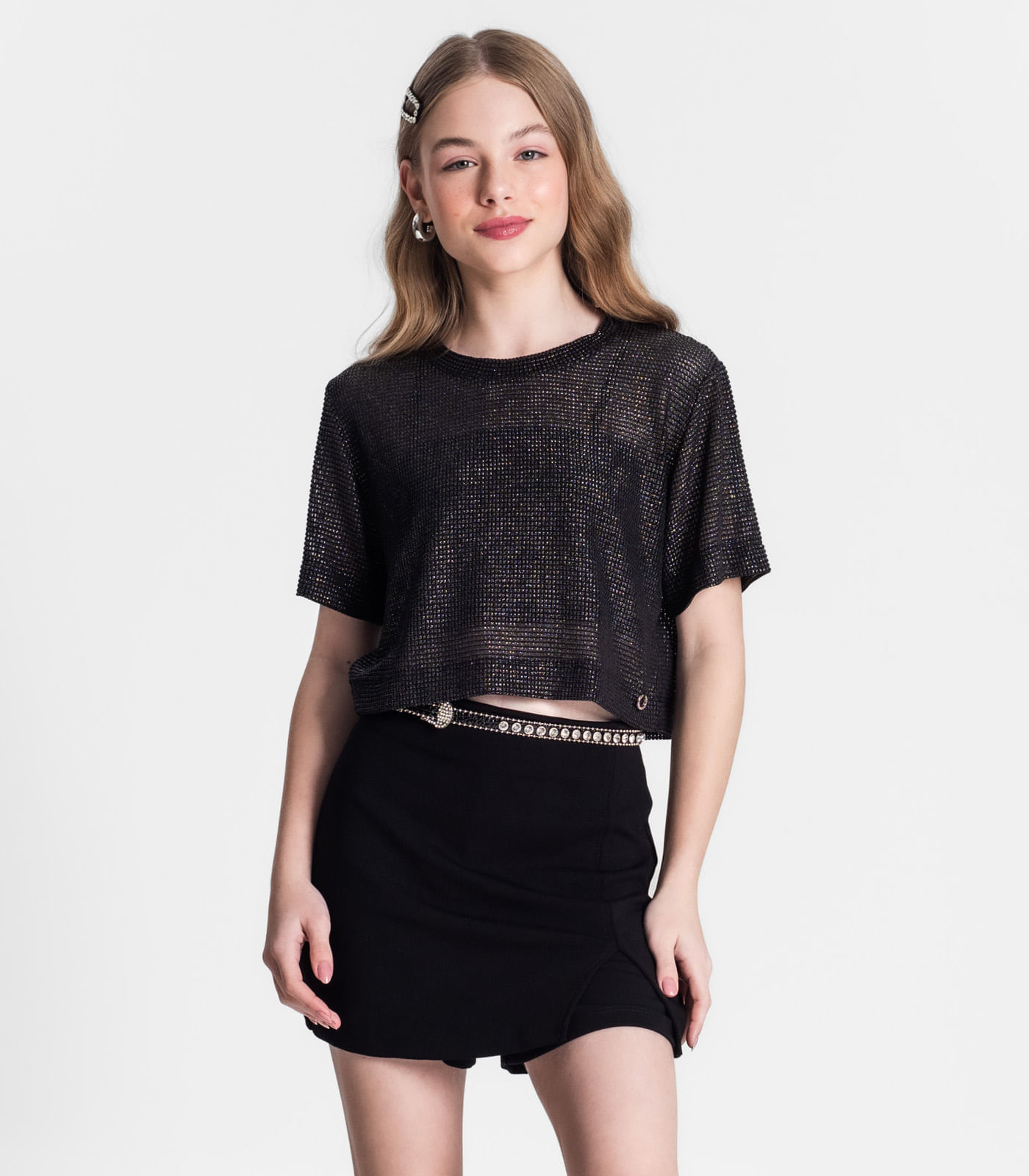 Miniatura Blusa Com Sobreposição Juvenil Feminina Minty Preto 12