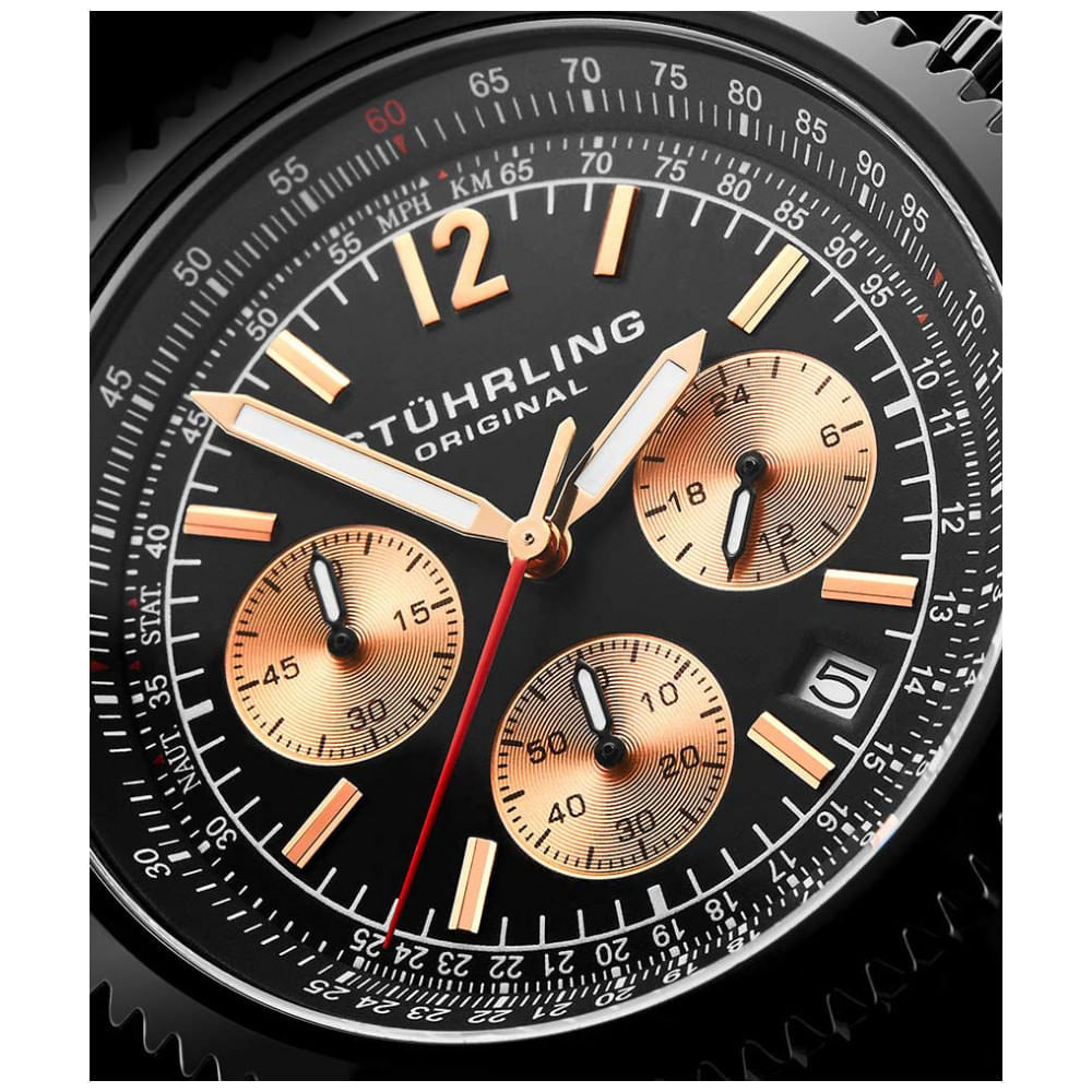 Miniatura Relógio Cronógrafo Stuhrling Monaco 669M e 3976 de 42mm, Mostrador Preto e Pulseira de Aço Inoxidável Preto