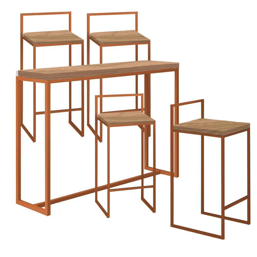 Miniatura Kit 4 Banquetas Lyno + 1 Mesa Bancada Aparador Mavye 150cm Ferro Bronze Castanho - Amey Decor