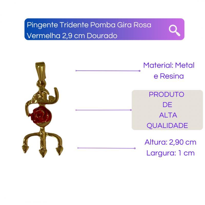 Miniatura Pingente Tridente Pomba Gira Rosa Vermelha 2,9 Cm Dourado