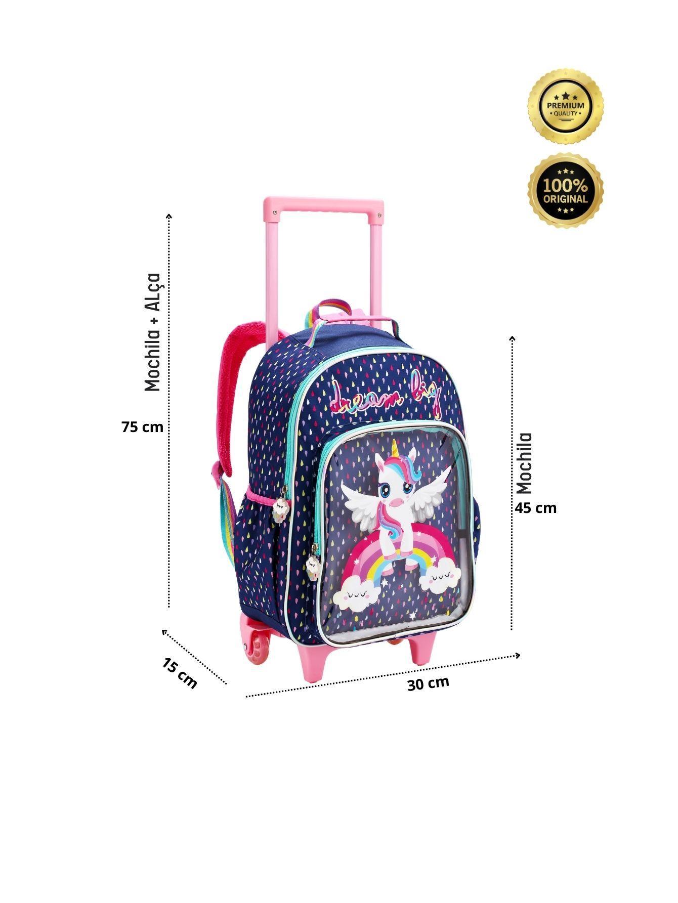Miniatura Kit Escolar Mochila Rodas+Lancheira+Estojo Unicórnio - Azul