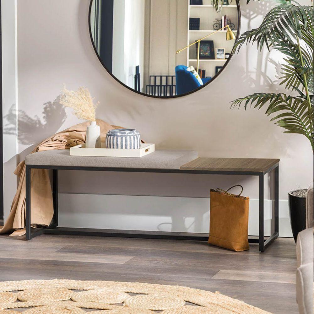 Miniatura Banco Recamier Puff 195cm Industrial Preto Suede Bege Tampo Quadrado Mdf Castanho