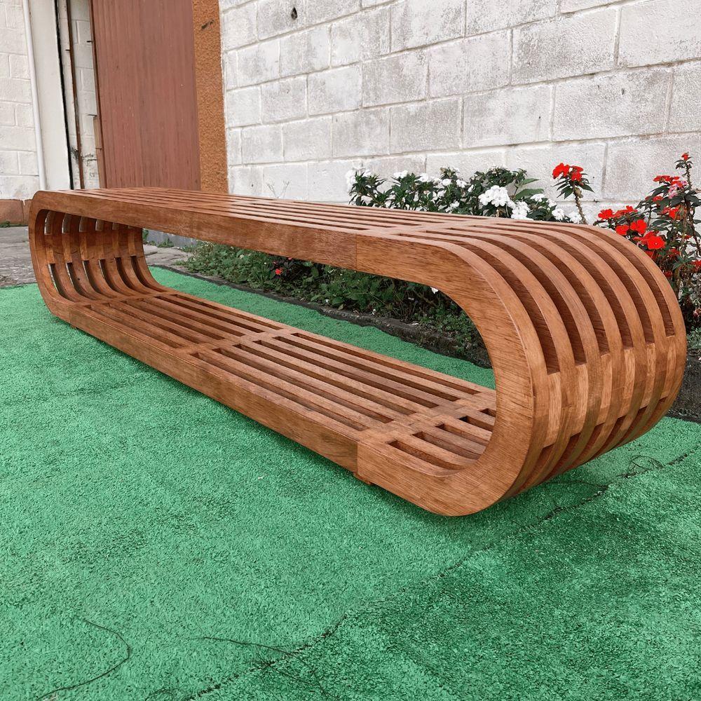 Banco Oval Ripado Em Madeira Maciça 220x40x45 Sudeste Rústico