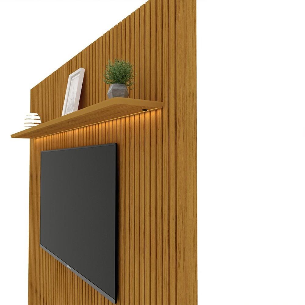 Painel Ripado com Rack para TV até 75 Polegadas LED 3 Gavetas 2 Prateleiras com Rodízios 230cm Gelius Móveis Naturale