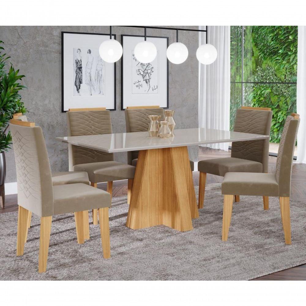 Miniatura Conjunto Sala De Jantar 160x80 Tampo Mdf/vidro 6 Cadeiras Nature/offwhite/joli Nature/offwhite/joli