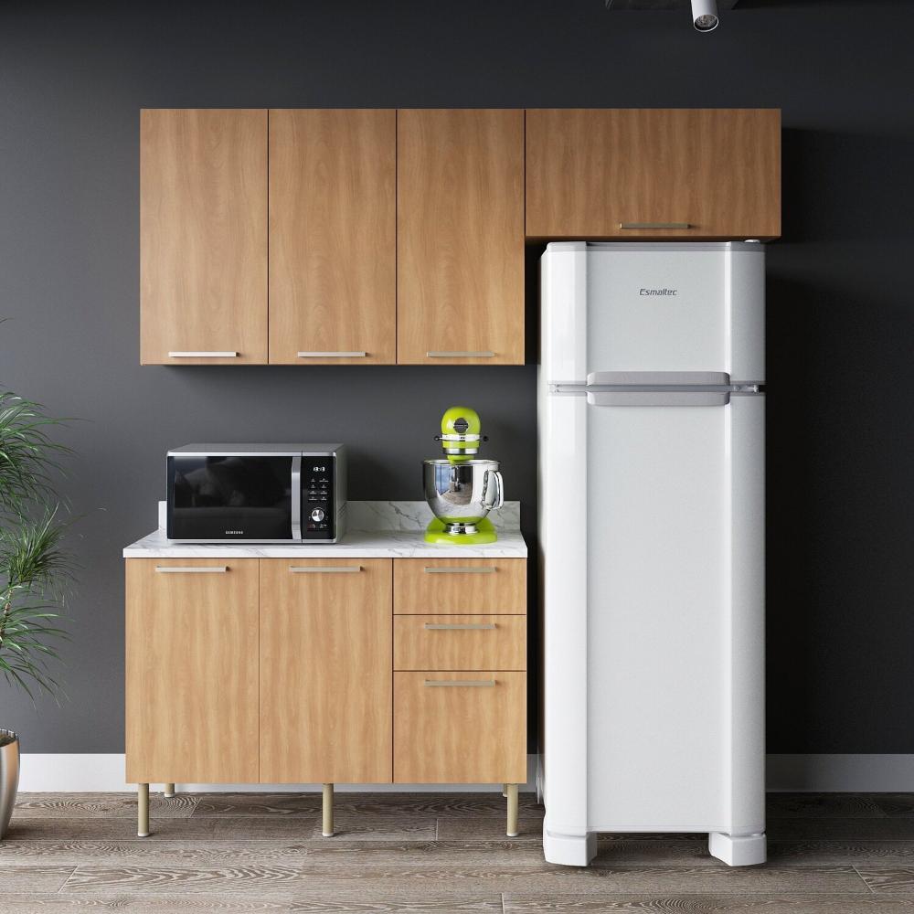 Miniatura Cozinha Compacta Dália 200cm 3 Peças, 6 Portas e 3 Gavetas com Divisor de Talheres e Tampo Cz1102 Freijó/Branco