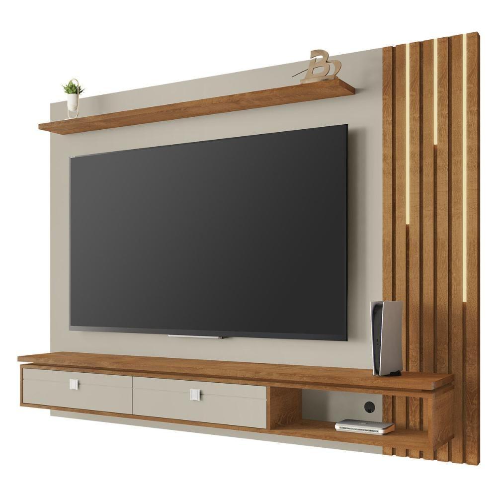 Miniatura Painel Para Tv Até 80 Polegadas Com Ripado Fita Led E 2 Gavetas Multimóveis Cr45285 Off White/naturalle