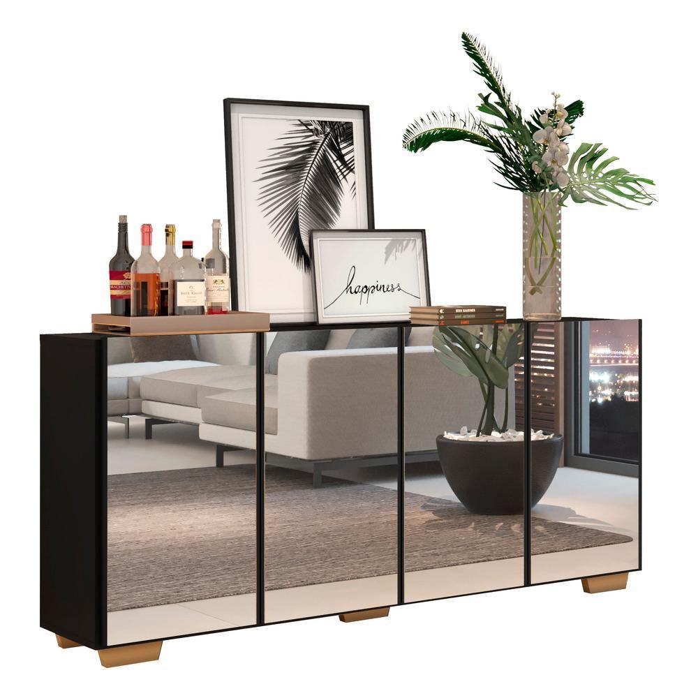 Miniatura Aparador Buffet 4 Portas com Espelho e Pés Preto/natural