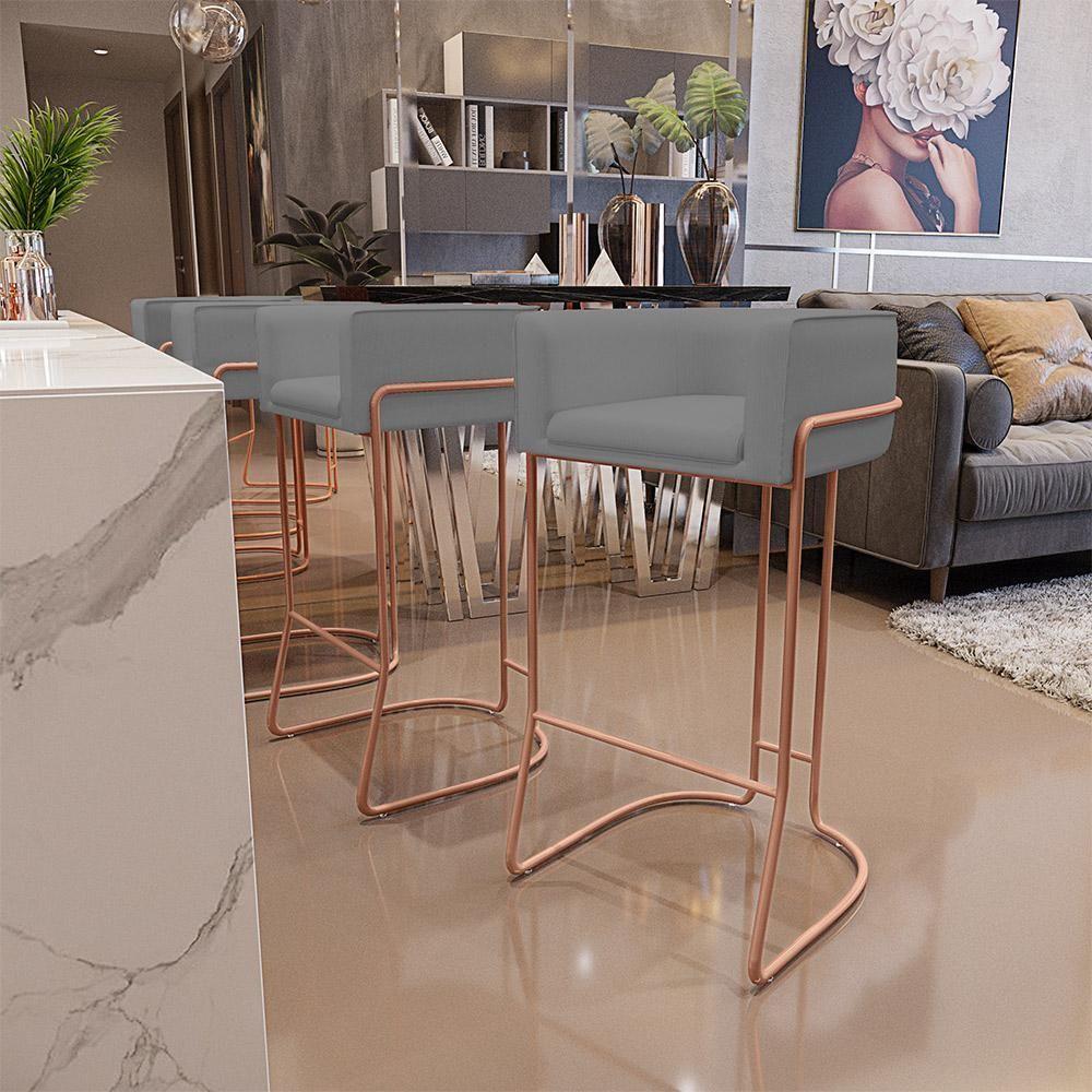 Kit 04 Banquetas Fixa Cobre Veludo Cinza C-317