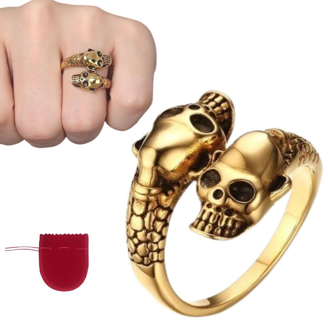Miniatura Anel Dourado Banhado Caveira Regulável + Saco Veludo