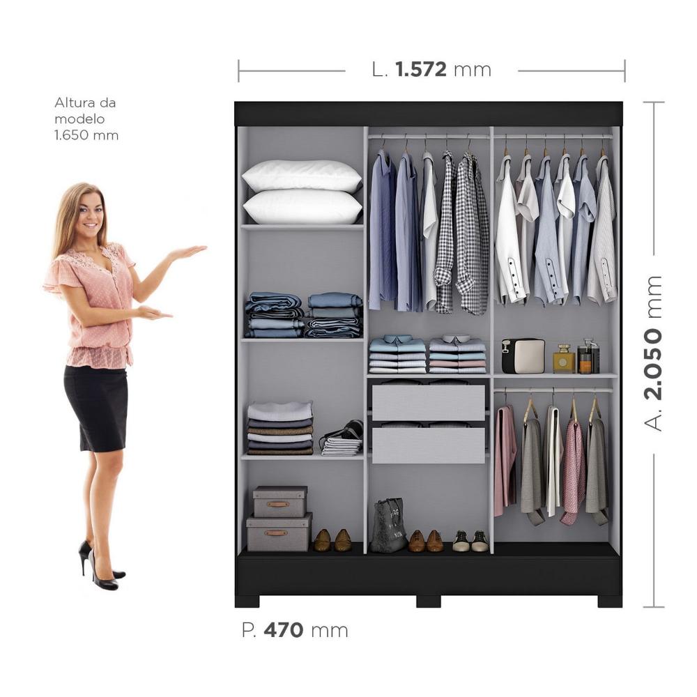 Miniatura Guarda Roupa Casal com Espelho 3 Portas Atenas Yescasa Preto
