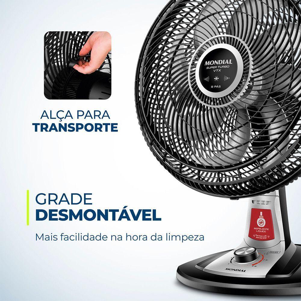 Ventilador De Mesa 40cm Mondial Vtx-40-8p-rl Turbo 8 Pas Repelente Liquido Preto Com Prata 220 V