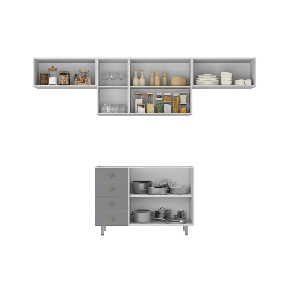 Miniatura Cozinha Compacta 4 Peças 100% Mdf Bp 1 Balcão 3 Aereos Maranello Branco/Panna