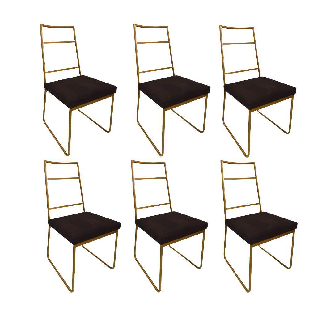 Miniatura Kit 06 Cadeiras Sala De Jantar Stark Ferro Dourado Sintético Marrom - Amey Decor