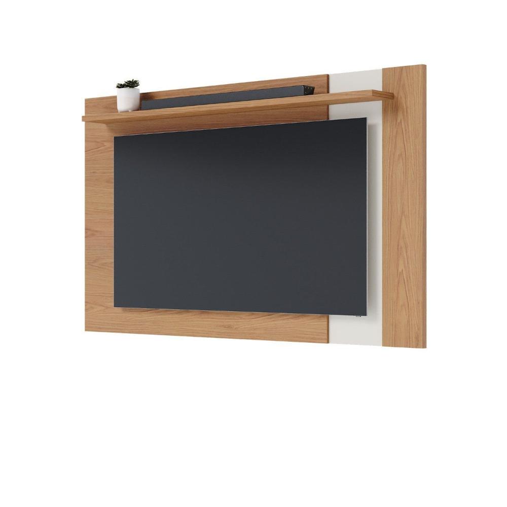 Rack com Painel para Tv 70 Polegadas Otawa e Leme Porta Deslizante Ripado Artesanal Pés Madeira Freijó / Off White Matte