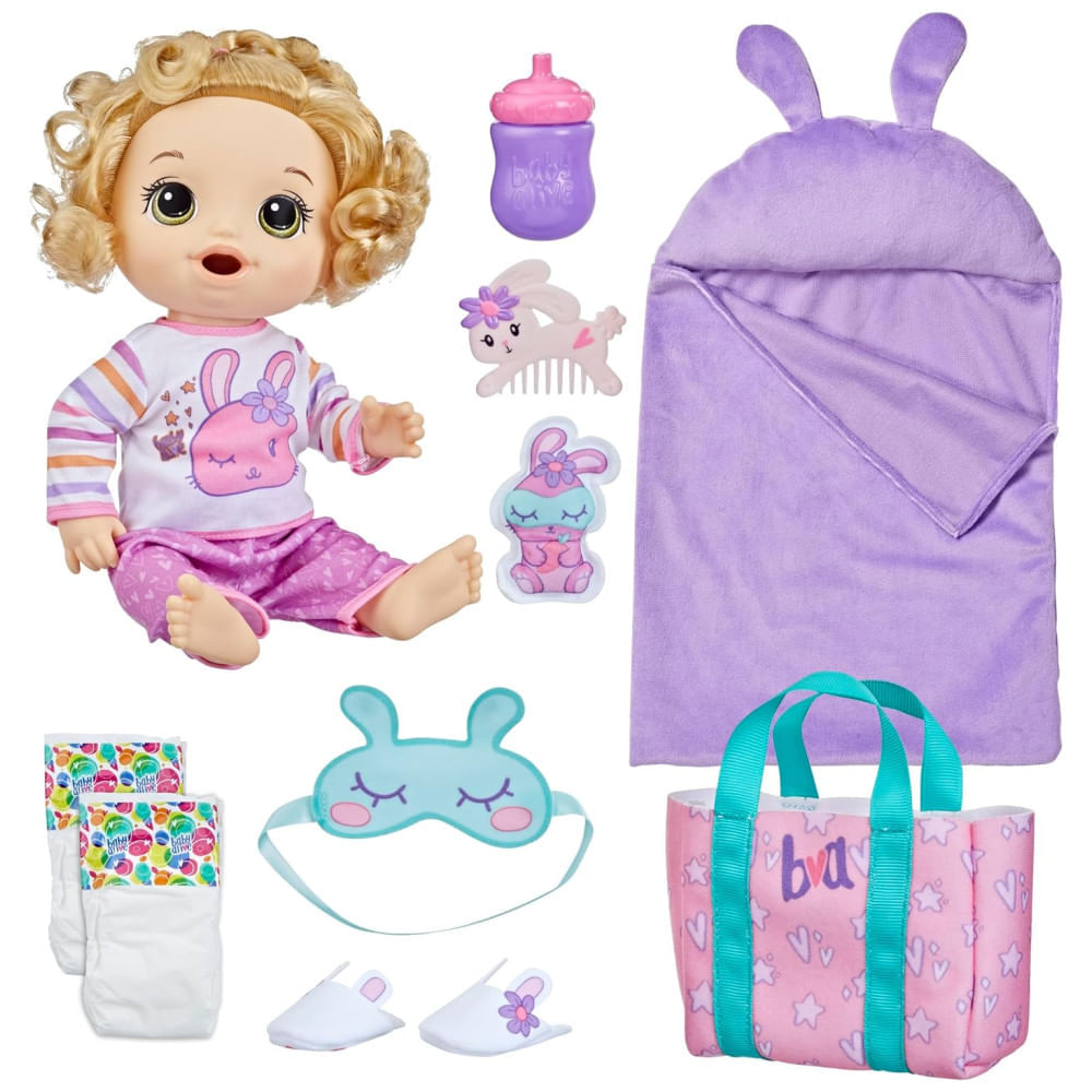 Miniatura Boneca Bunny Festa do Pijama com Acessórios Temáticos de Dormir para Crianças Acima de 3 Anos, Baby Alive, Cabelo Loiro