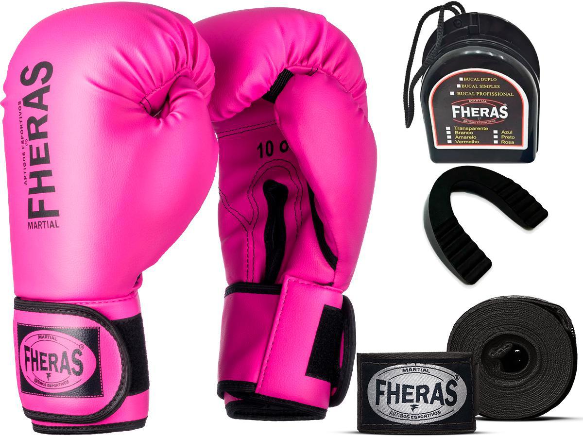 Miniatura Kit Luva De Boxe Muay Thai Mma Bandagem E Bucal Rosa 08Oz