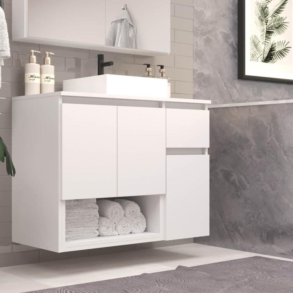 Miniatura Gabinete Banheiro Suspenso 80cm Aurora com 03 Portas 01 Gaveta e Nicho com Cuba Branco