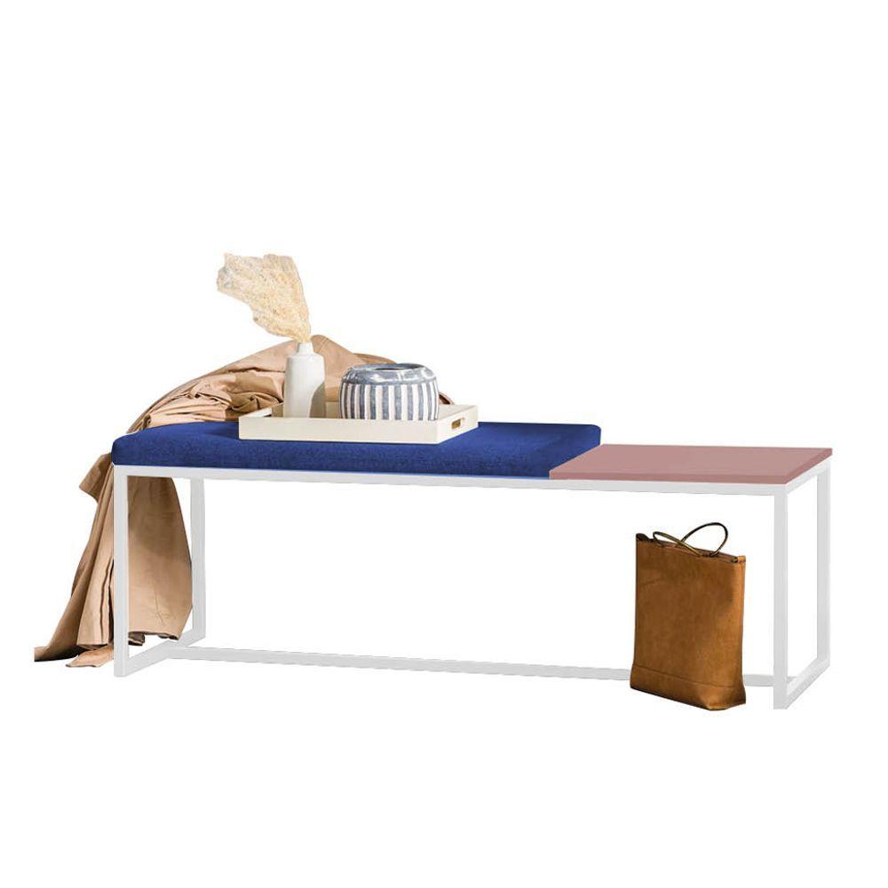 Miniatura Banco Recamier Puff 195cm Industrial Branco Corino Azul Marinho Tampo Quadrado Mdf Rose