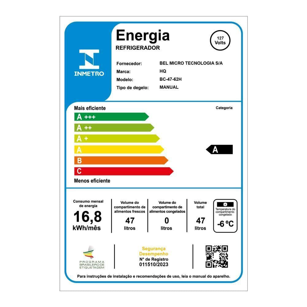 Frigobar Geladeira HQ 47 Litros Inox HQ-47FB 127V