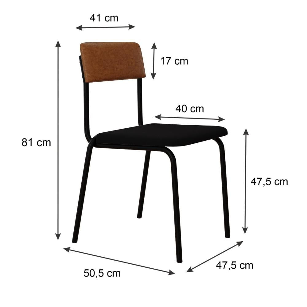 Miniatura Conjunto 4 Cadeiras Estofadas Fixa Empilhável Fit Preto / Caramelo / Preto Fosco
