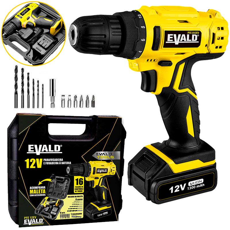 Miniatura Parafusadeira e Furadeira à Bateria 12V Bivolt PFE-12EV com Maleta e Kit EVALD Bivolt