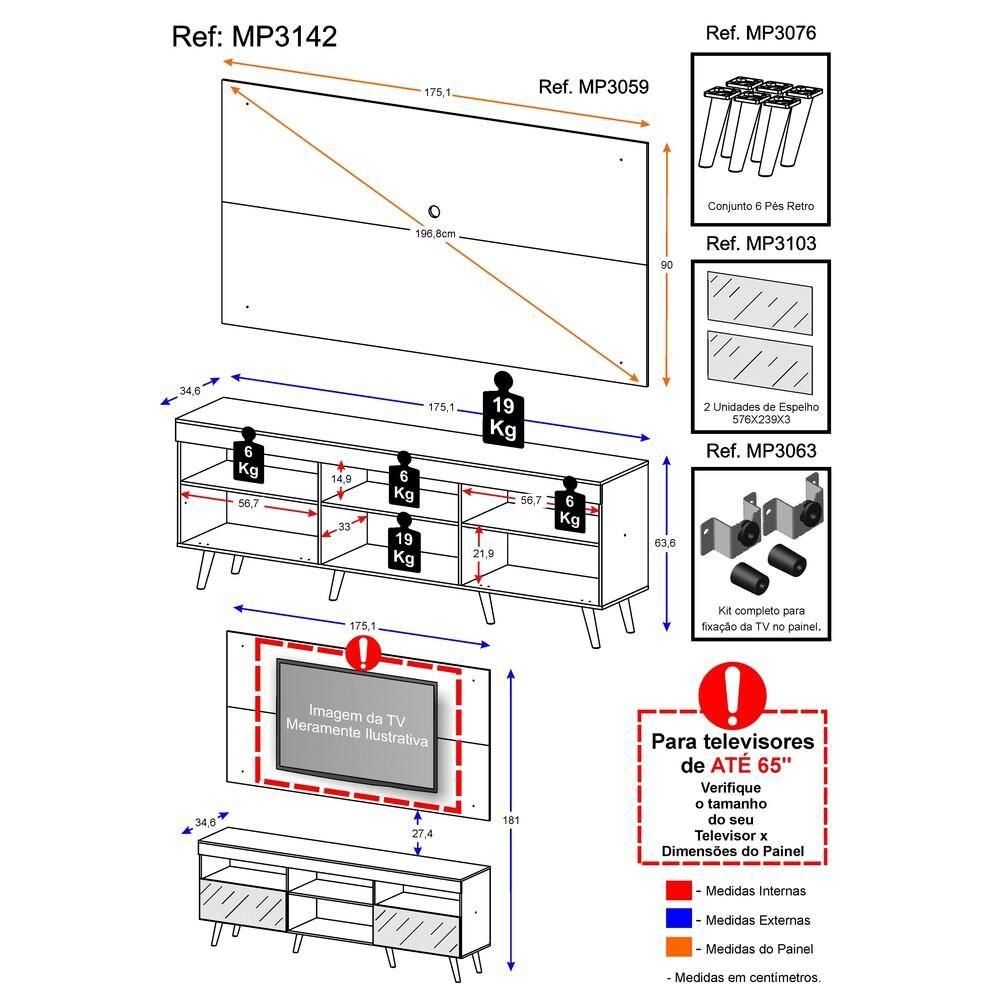 Miniatura Rack com Painel TV até 65" Espelho e Pés Retrô Multimóveis
