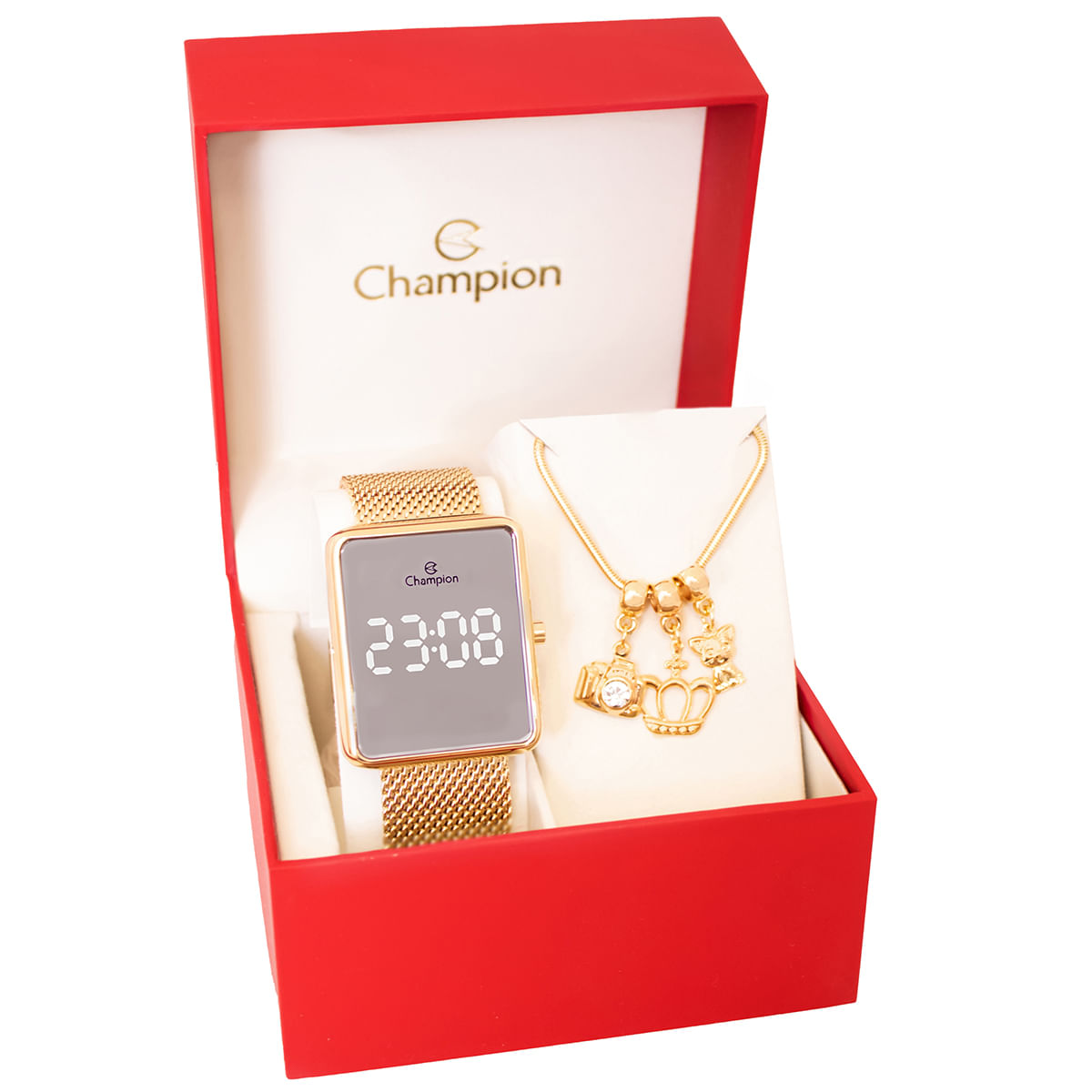 Relógio Feminino Champion Digital Espelhado Dourado CH40083B + Pulseira Berloques
