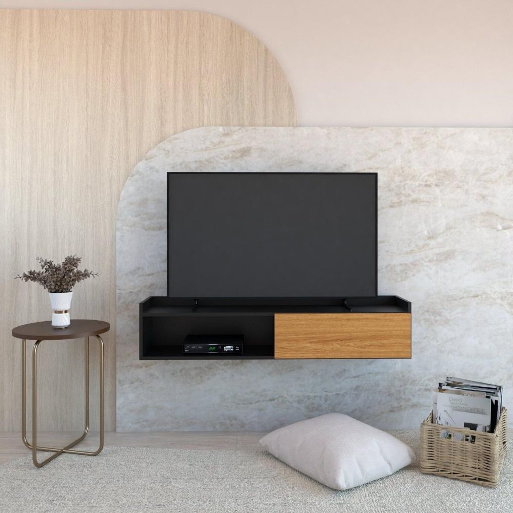 Rack Suspenso para Tv até 50 Pol. com 1 Porta e 1 Nicho Atena Preto com Amadeirado Freijó