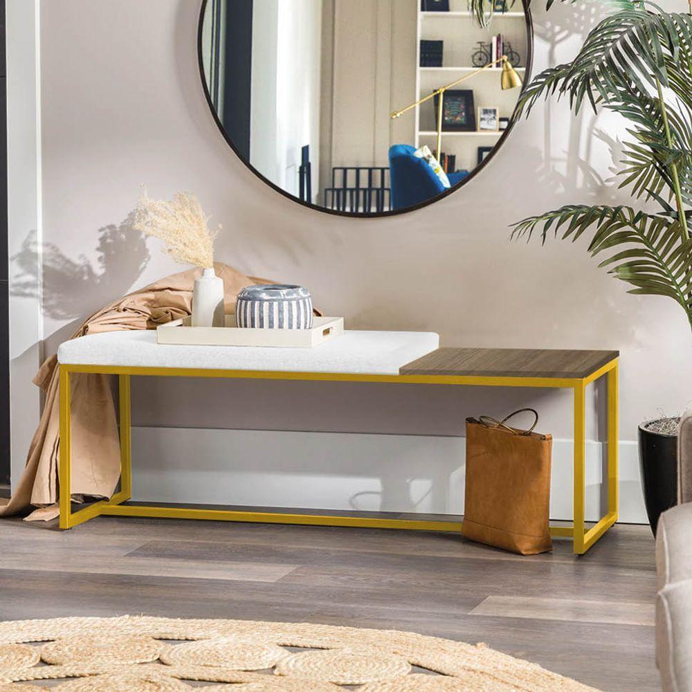 Miniatura Banco Recamier Puff London 195cm Industrial Dourado Corino Branco Tampo Quadrado Mdf Caramelo