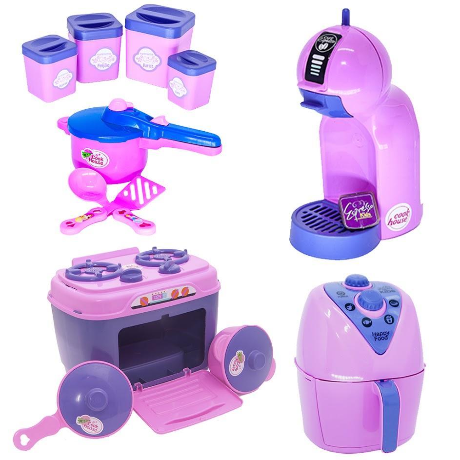 Miniatura Kit Brinquedo Cozinha Menina Rosa Fogão Pote Panela Café 13P