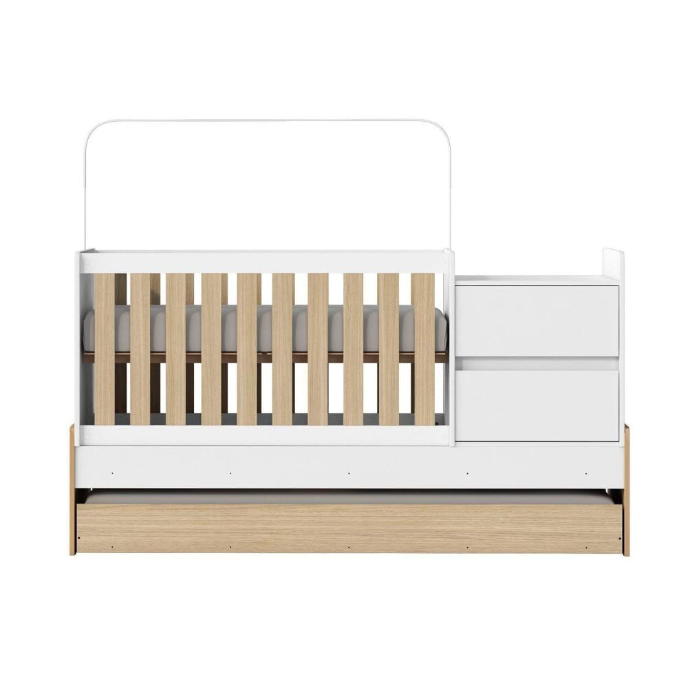 Berço Cama Multifuncional Auri com 2 Gavetas e Cama Auxiliar Casatema Carvalho Mel/Branco