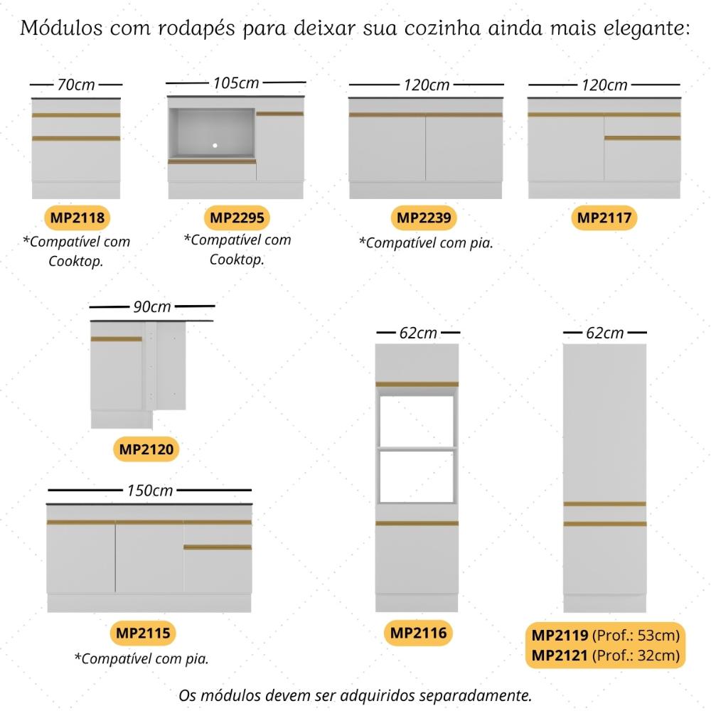 Kit Armário Cozinha Aéreo Canto 90cm com Aéreo 70cm e Aéreo 120cm Veneza Multimóveis MP2287 Branco
