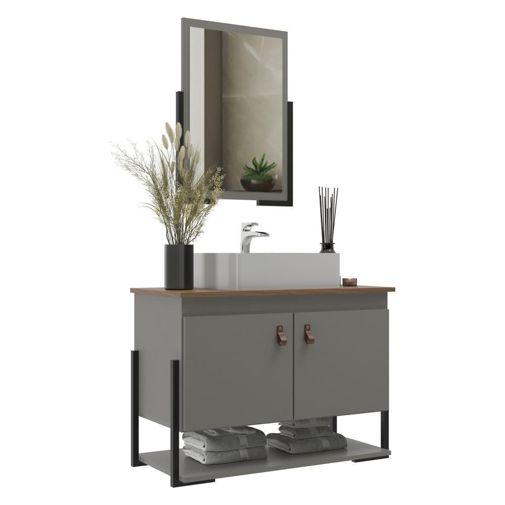 Miniatura Gabinete Banheiro 60cm 2 Portas Com Cuba E Espelheira Multimóveis Cr10106 Cimento/noce Cimento/noce