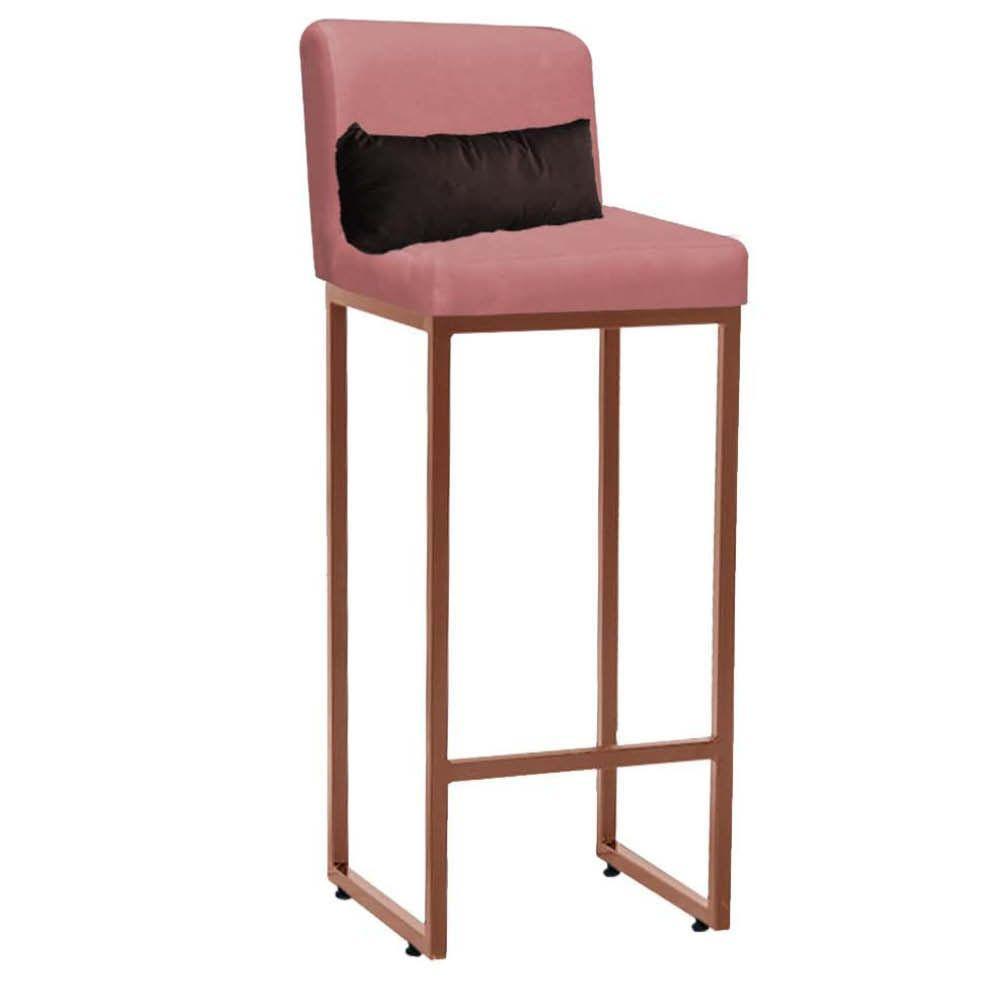 Miniatura Banqueta Alta Com Encosto Industrial Ferro Bronze Suede Rose Gold E Almofada Marrom - Amey Decor