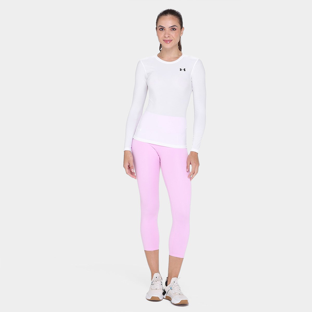 Miniatura Camiseta Under Armour Compressão Manga Longa Feminina Branco+Preto - G