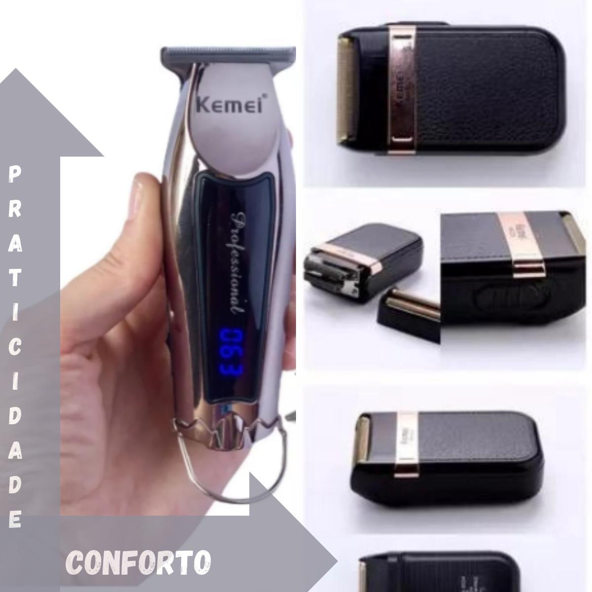 Kit Premium Masculino Kemei: Barbeador 2024 + Máquina 9164