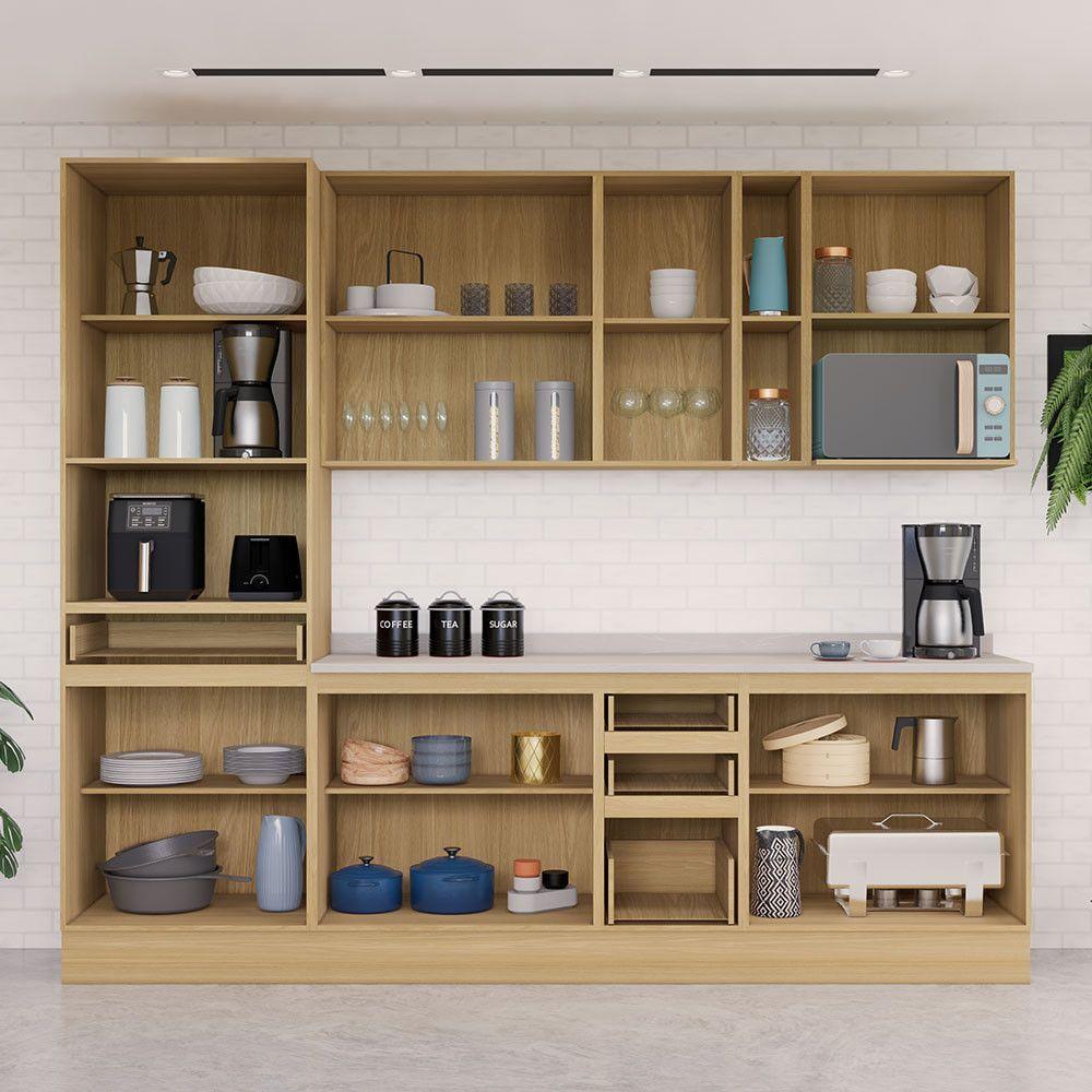 Miniatura Cozinha Modulada Completa Com Bancada Ilha 8 Peças Com Tampo Freijó/freijó Brasil/Petala Rosa