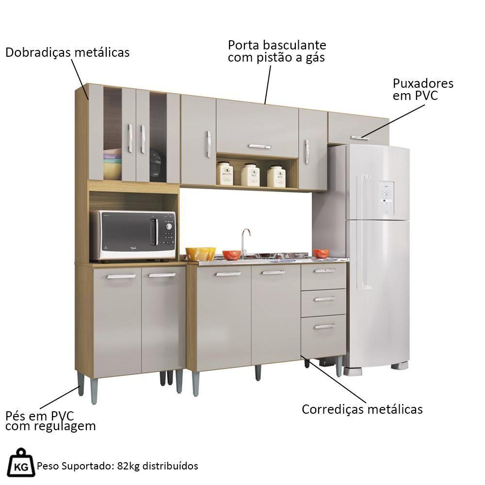 Armário De Cozinha Compacta Completa 244cm Balcão E Pia Inox Livy P11 Damasco/off White - Mpozenato