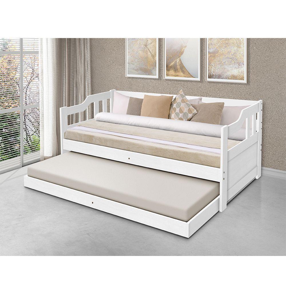 Miniatura Sofá Cama Solteiro Vintage Com Cama Auxiliar Madeira + 2 Colchões - Branco - Branco