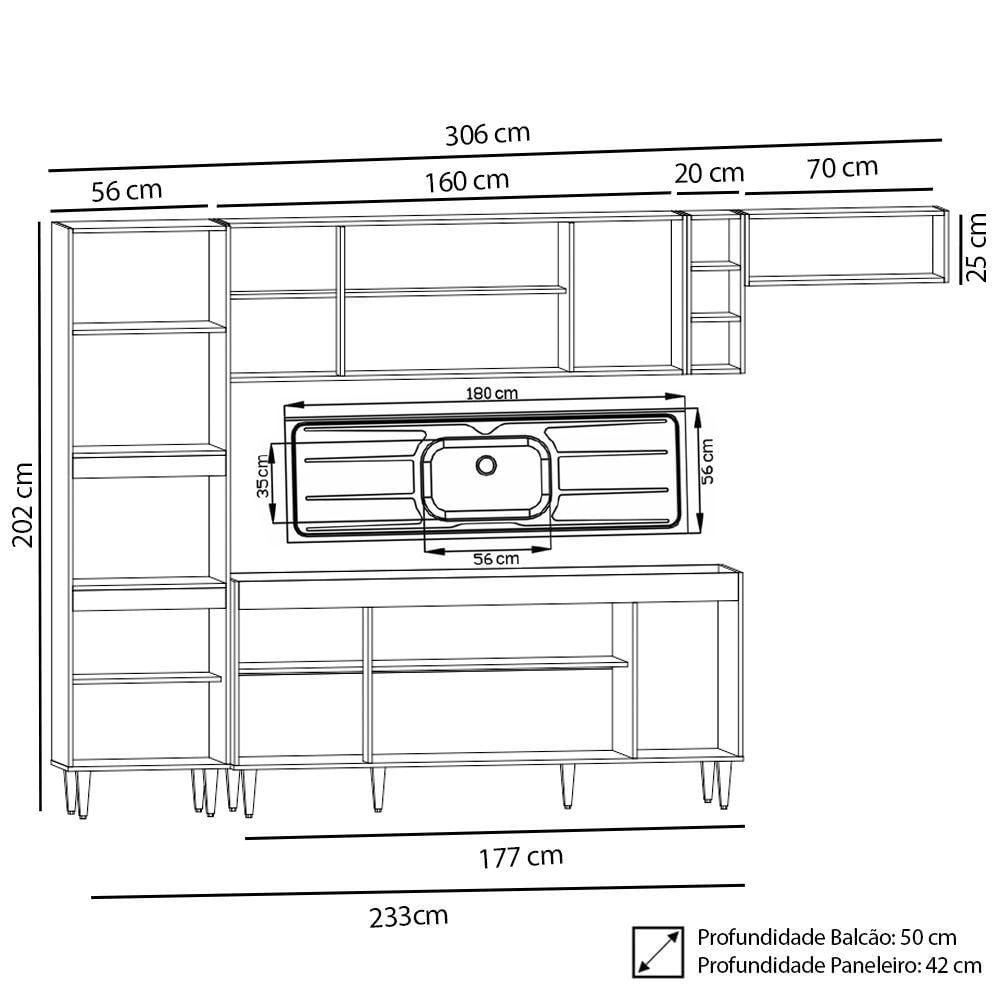 Armário De Cozinha Modulada 5 Peças Cp18 Com Pia Inox Branco - Lumil