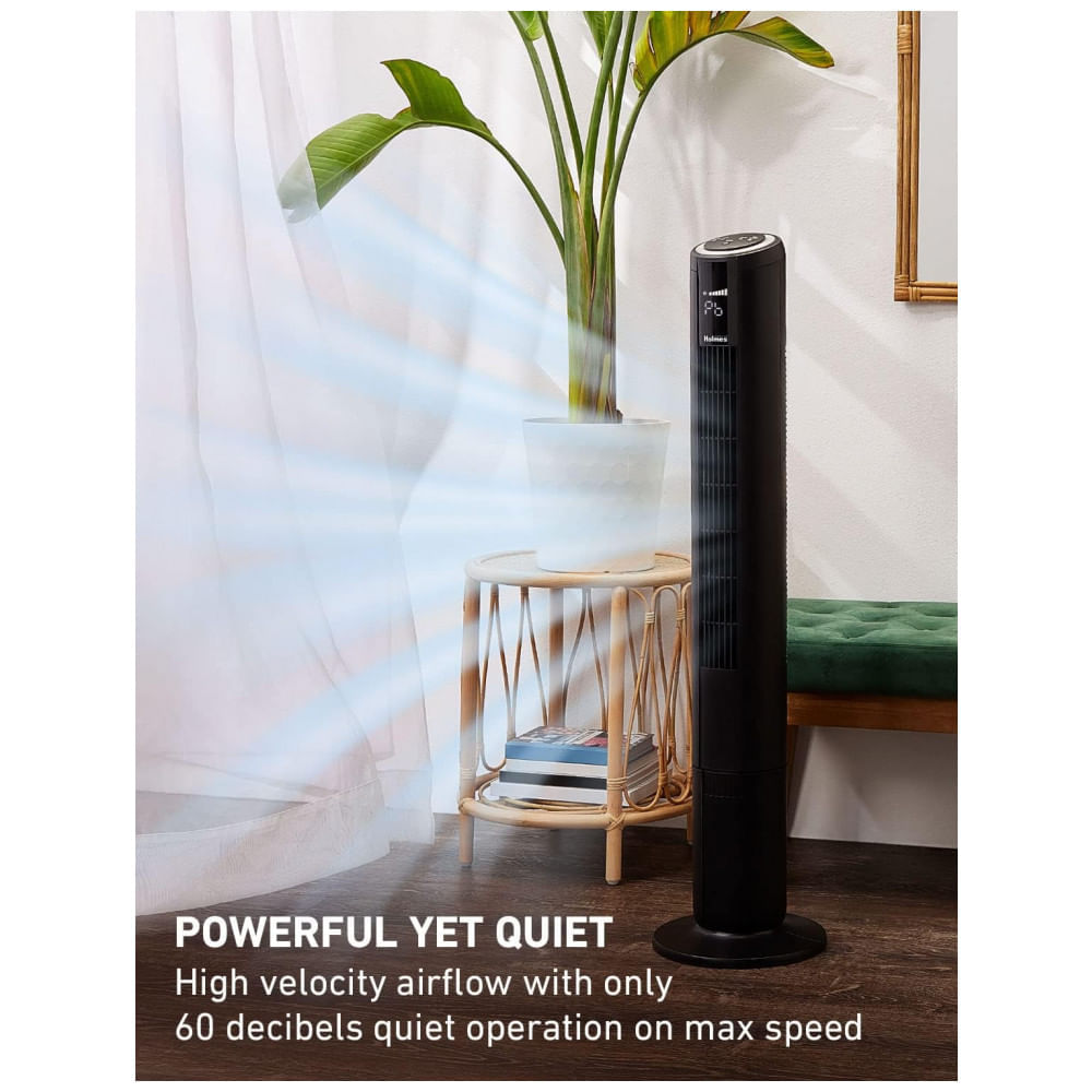 Miniatura Ventilador de Torre com 5 Velocidades, 4 Modos, Timer de 8H e Controle Remoto, 110V, HOLMES, Preto