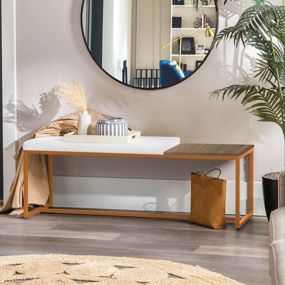 Miniatura Banco Recamier Puff 195cm Industrial Bronze Suede Branco Tampo Quadrado Mdf Nogal