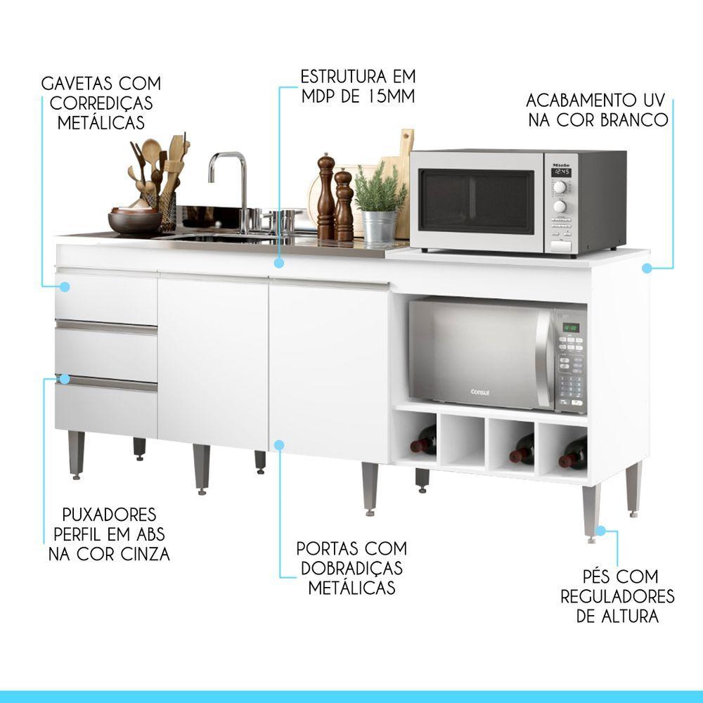 Kit Armário De Cozinha Para Pia 120cm E Balcão Para Cooktop 4 Bocas Menu Móveis Branco