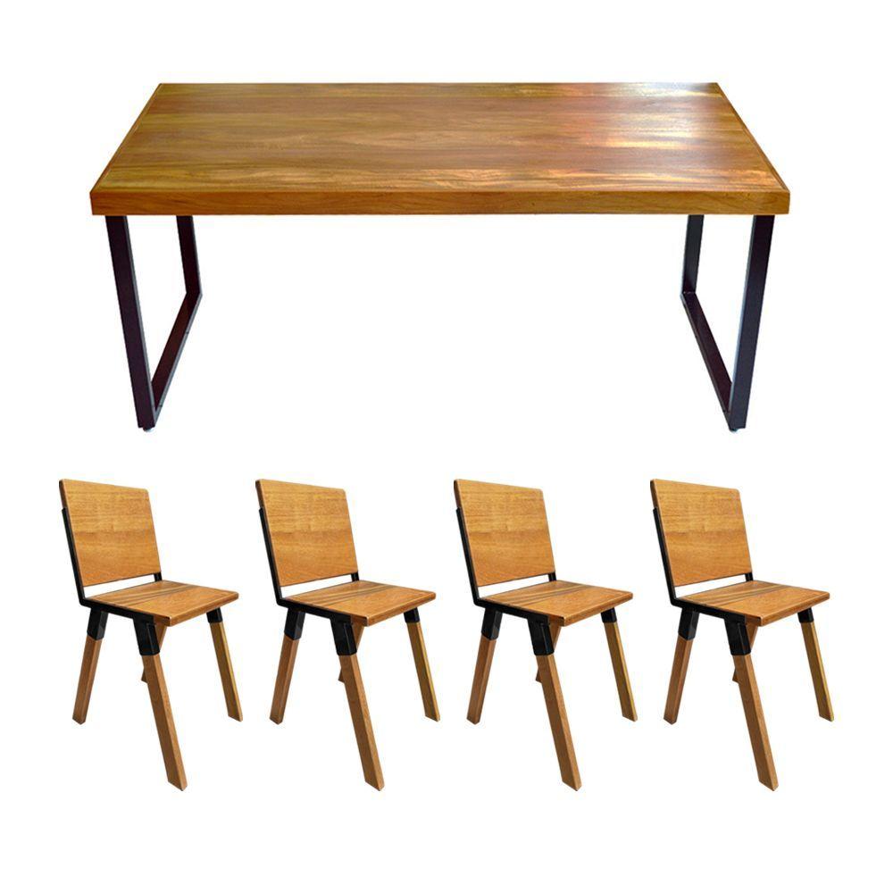 Miniatura Conjunto Mesa Industrial Bernardo Madeira Maciça 1,20mx80cm C- Ferragem Preta E 4 Cadeiras Detroit Marrom