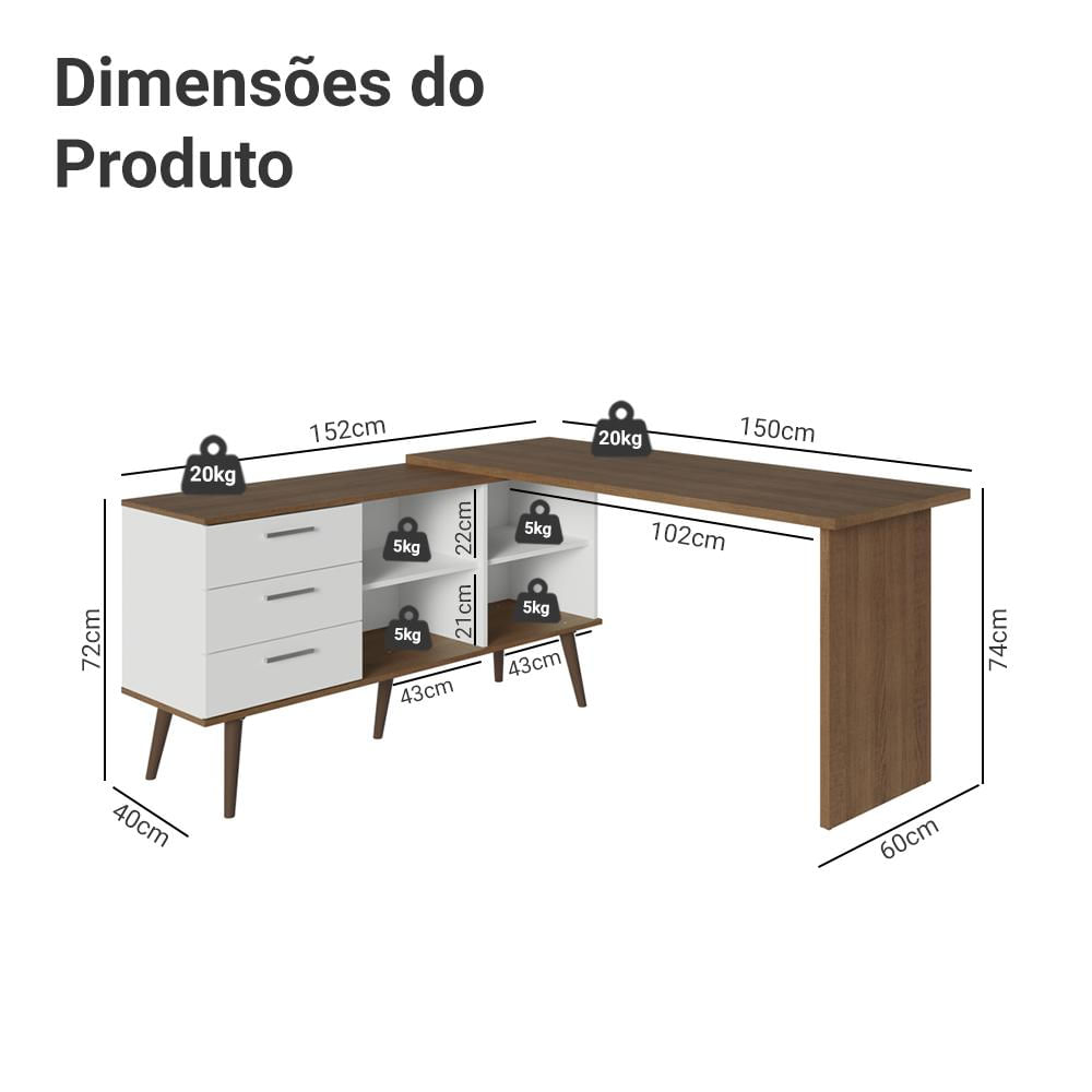 Miniatura Mesa de Estudos em L 3 Gavetas Branco/Rustic Lisboa Madesa Branco/Rustic