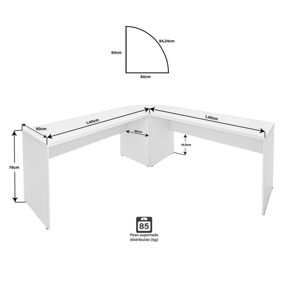 Miniatura Mesa Escrivaninha em L Canto Arredondado 140x60cm Branco